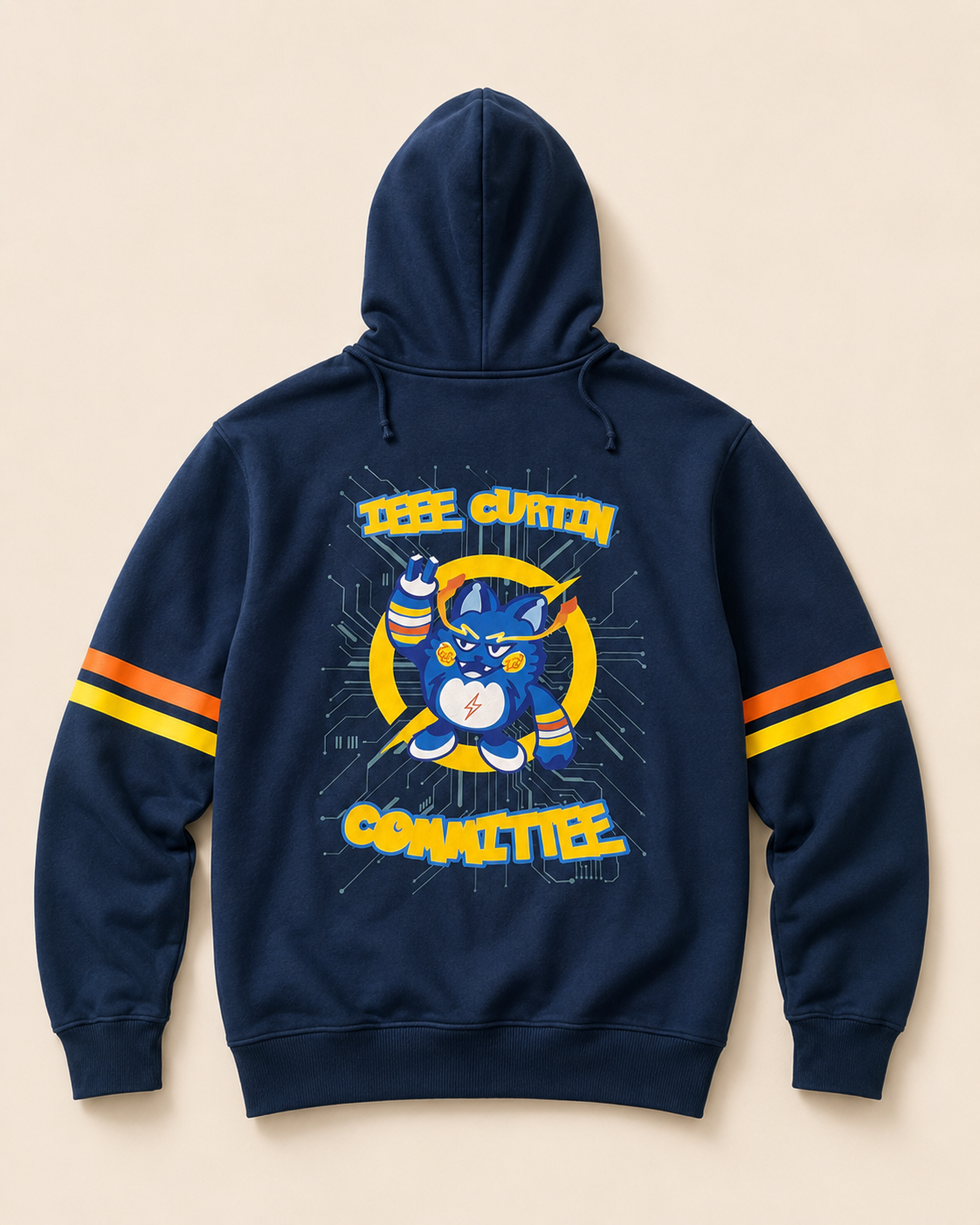 Back of IEEE Curtin University Student Branch navy committee hoodie with full back committee graphic and sleeve stripes